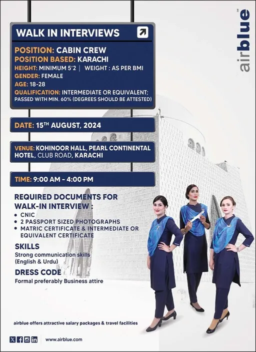 Advertisement of Air Blue Air Hostess Jobs 2024