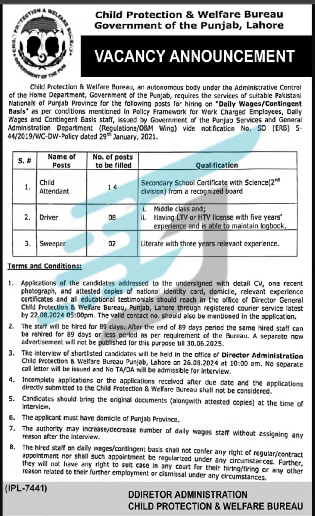 Advertisement of Child Protection and Welfare Bureau Jobs 2024