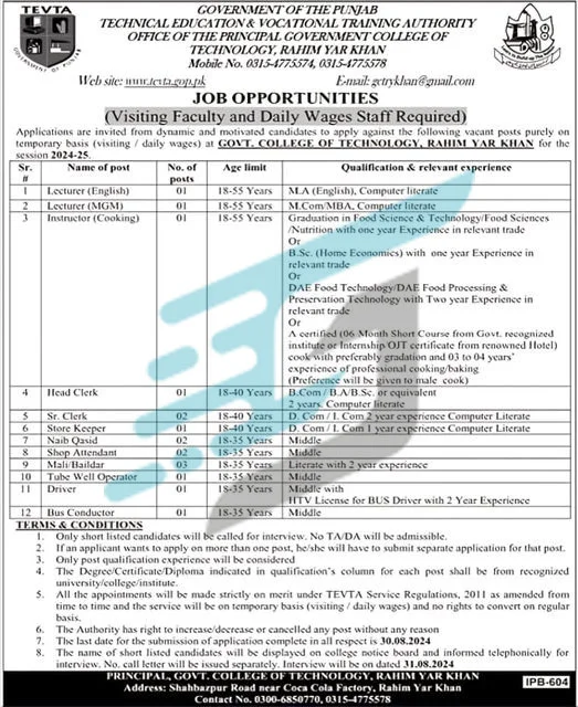 Advertisement of GCT Rahim Yar Khan Jobs 2024