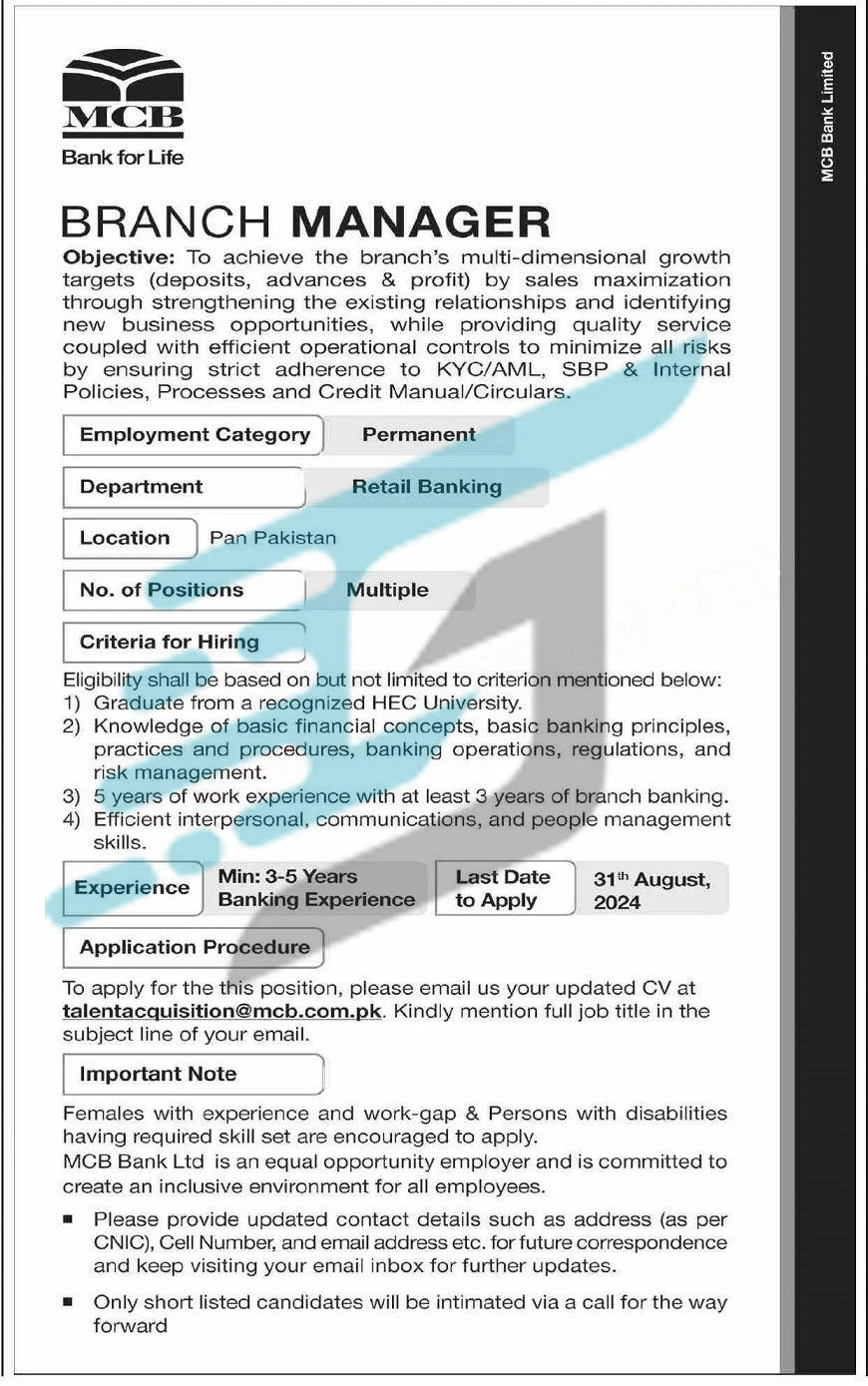 Advertisement of MCB Bank Branch Managers Jobs