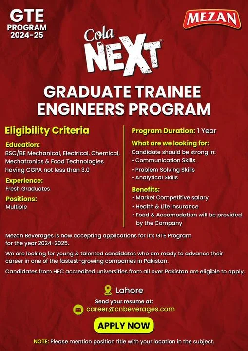 Advertisement of Mezan Beverages Trainee Engineers Program