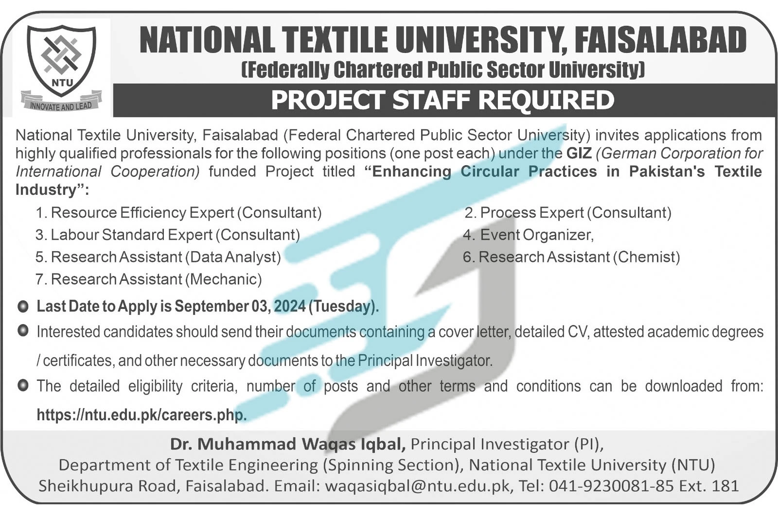 Advertisement of NTU Faisalabad Jobs 2024