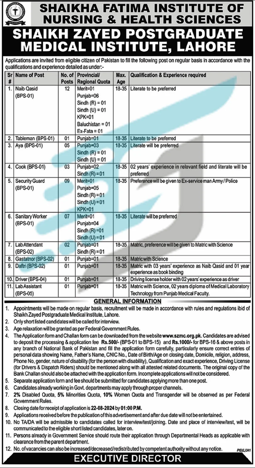 Advertisement of Shaikh Zayed Postgraduate Medical Institute Lahore Jobs 2024