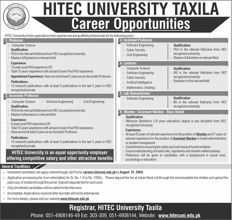 Advertisement of Teaching and Non Teaching Jobs at Taxila University