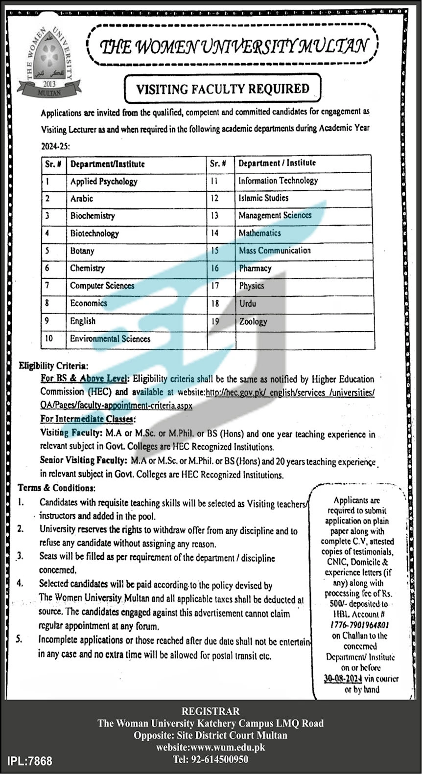 Advertisement of WU Multan Jobs 2024