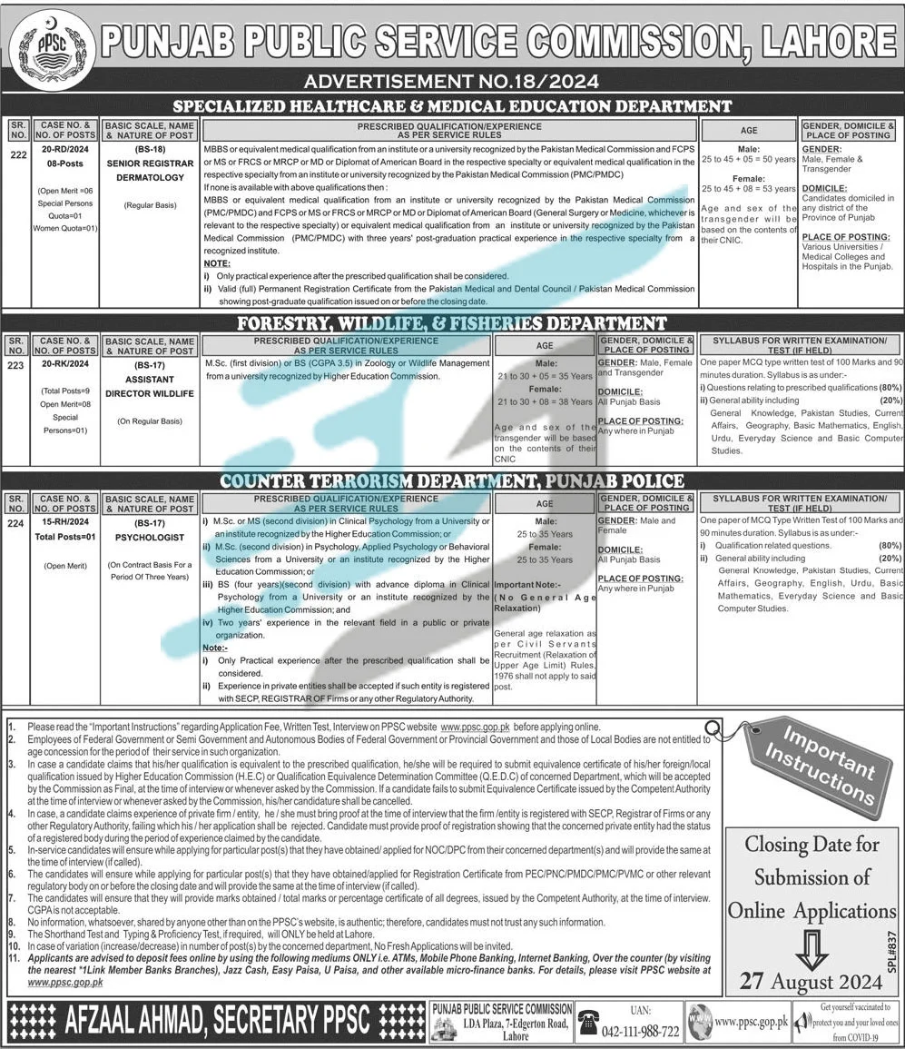 PPSC Advertisement No 18-2024