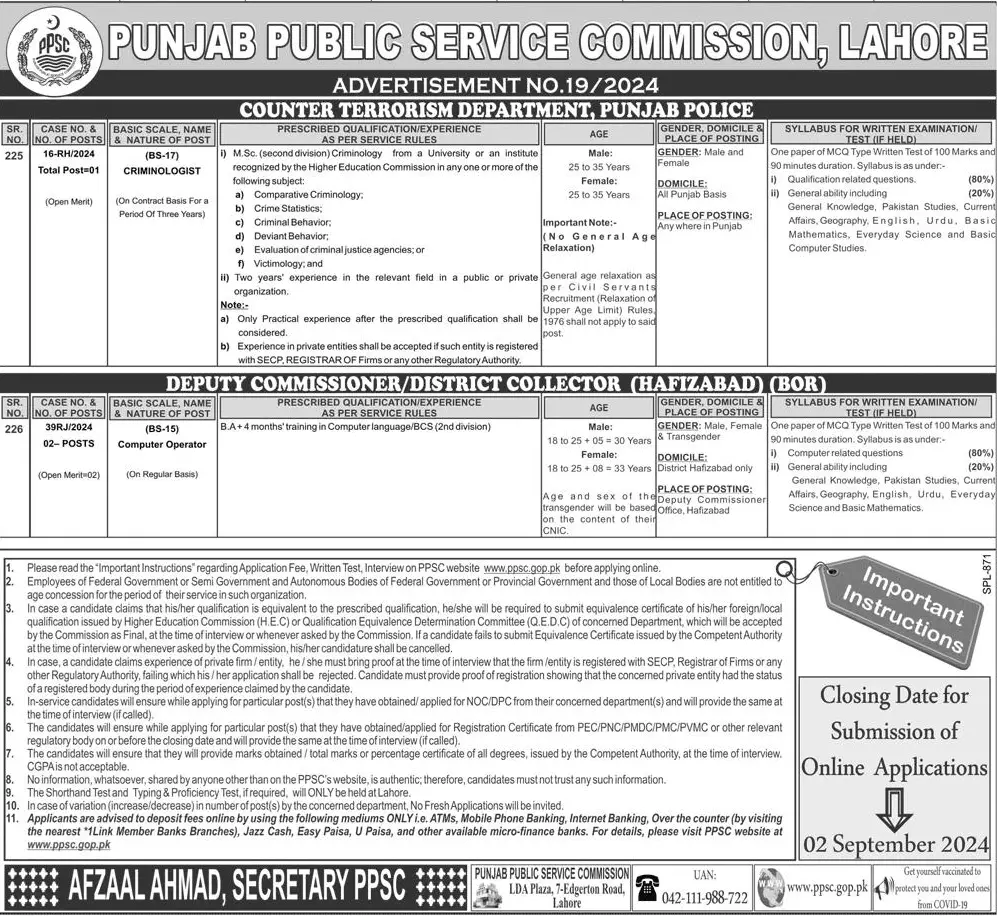 PPSC Advertisement No 19-2024