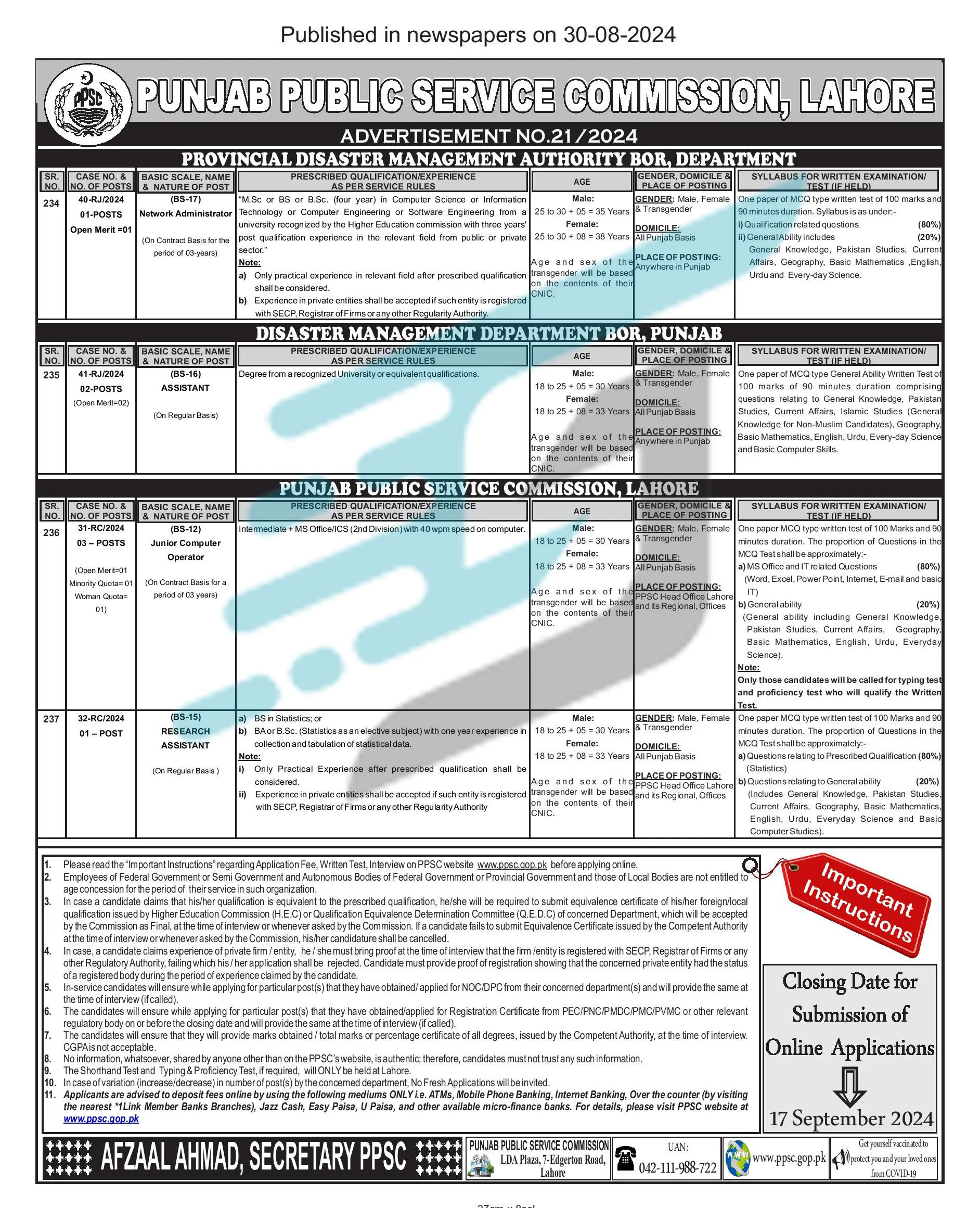 PPSC Advertisement No 21-2024