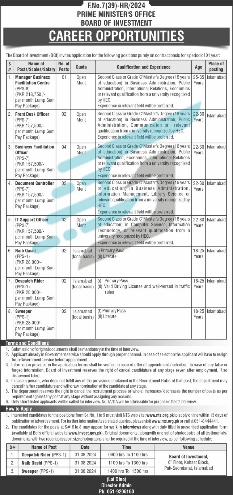 Prime Minister Office Board of Investment Jobs 2024 Advertisement