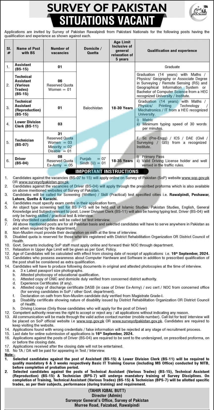 Advertisement of Survey of Pakistan Jobs 2024