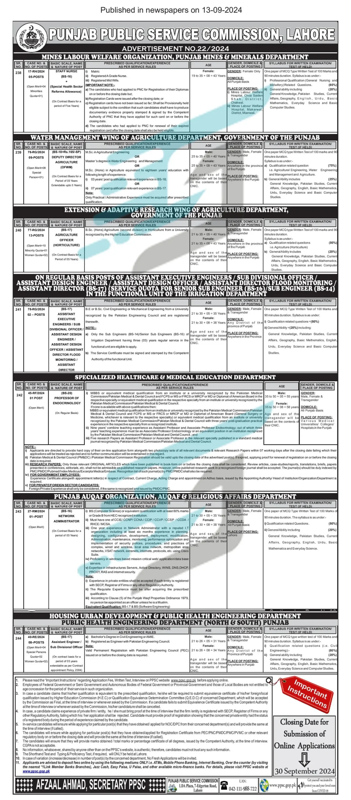 PPSC Advertisement No 22-2024