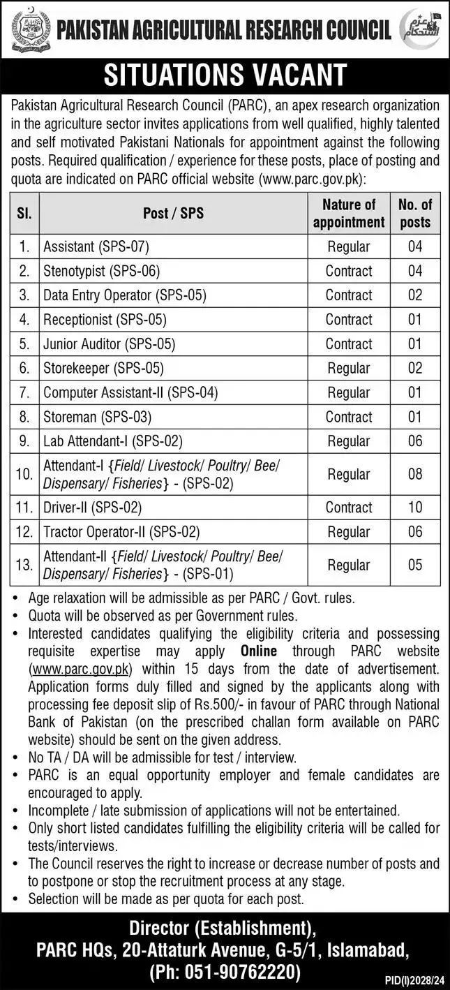 Pakistan Agricultural Research Council PARC Jobs