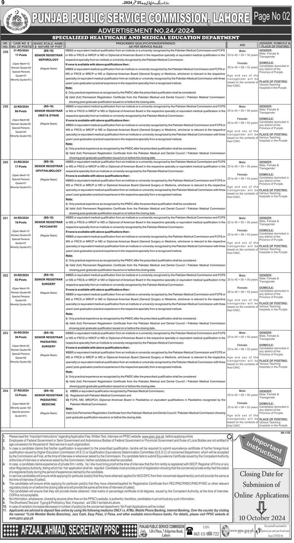 Punjab Health Department Advertisement No 24-2024