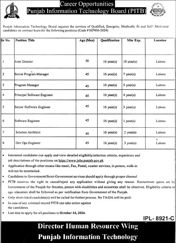 Punjab Information Technology Board PITB Jobs