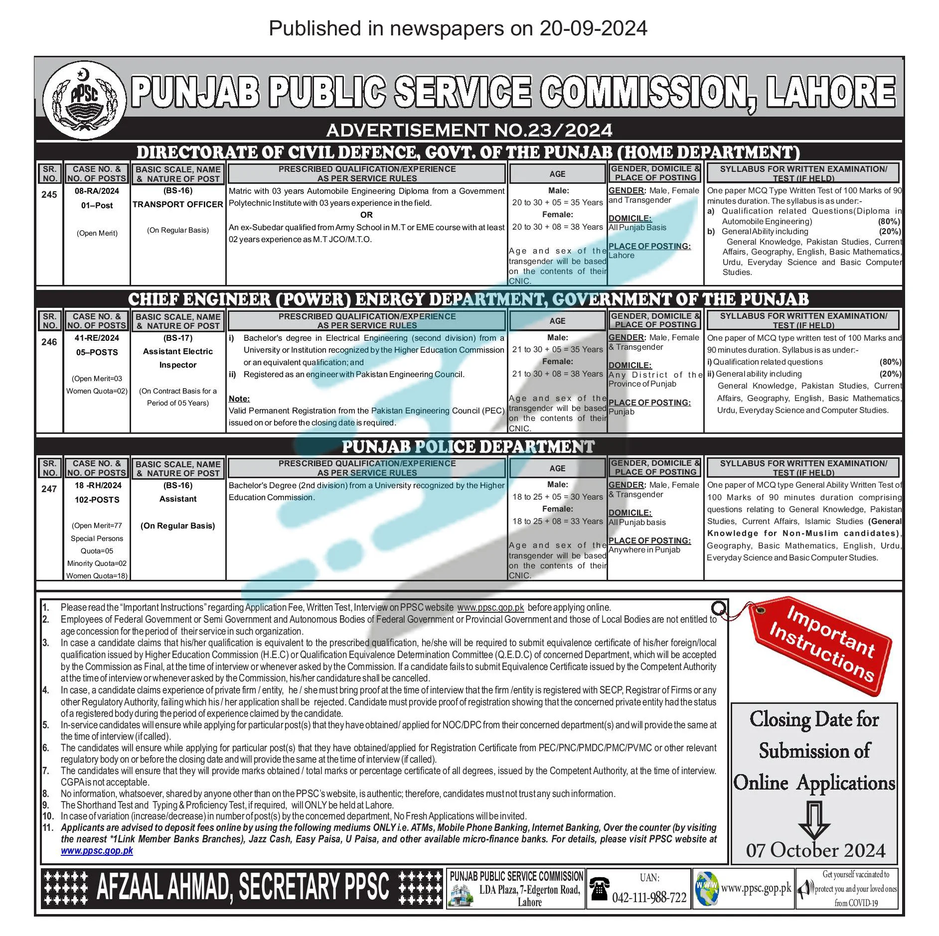 Punjab Police PPSC Advertisement No 23-2024