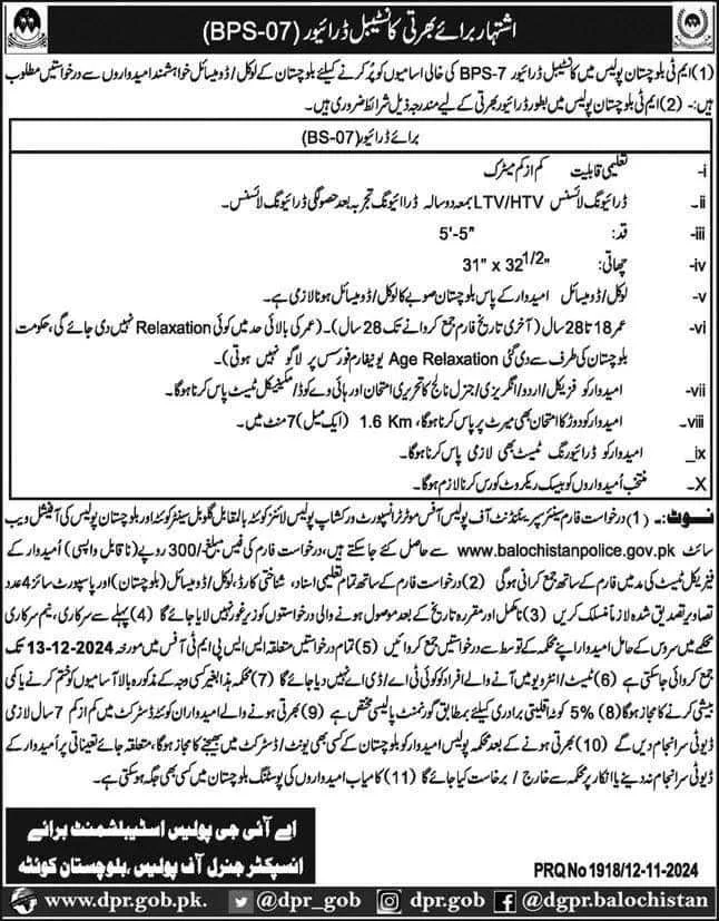 MT Balochistan Police Quetta Jobs