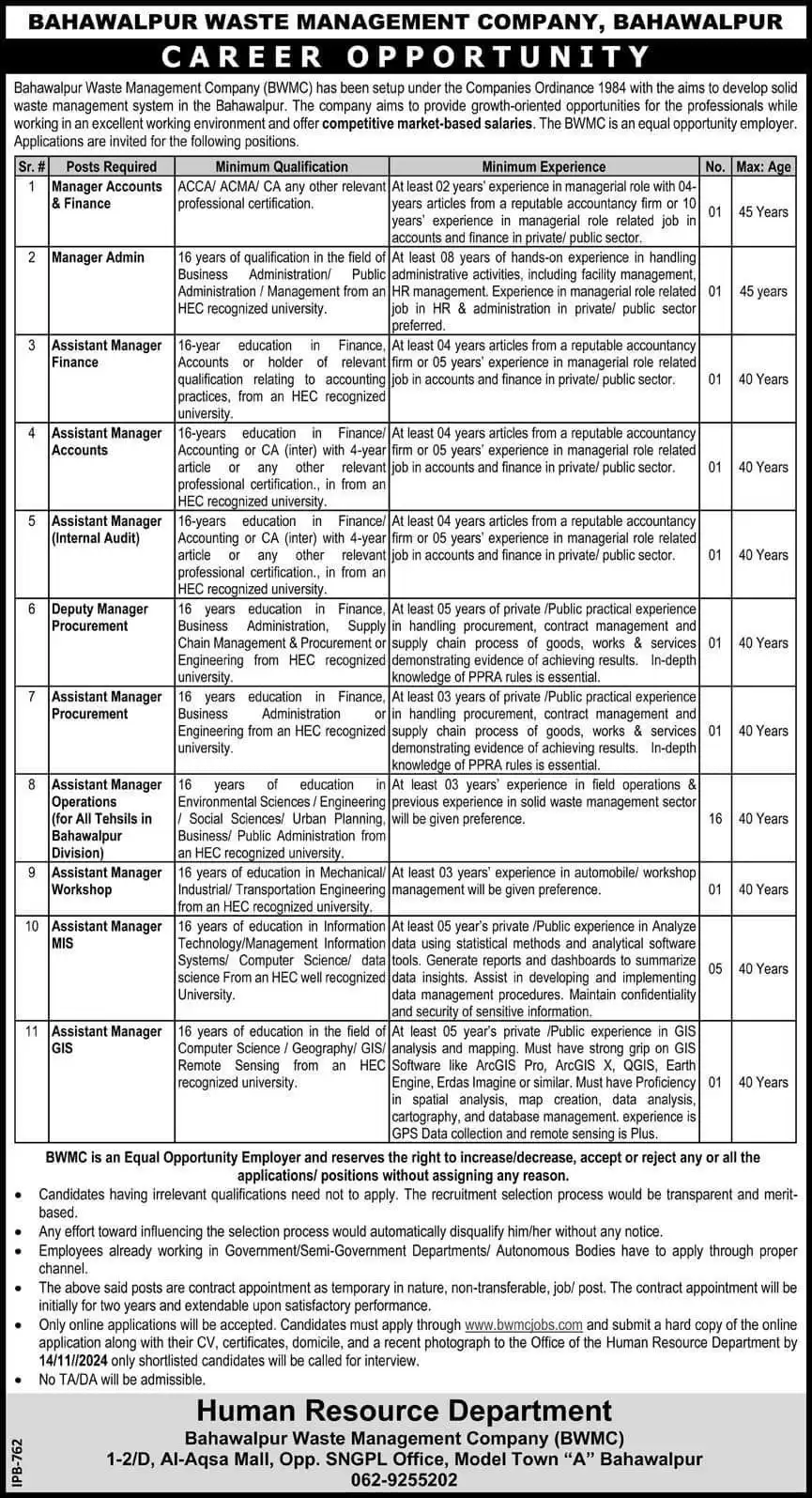 Waste Management Company Bahawalpur Jobs